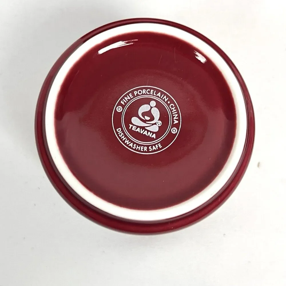 Teavana Rohan Pattern Red Ceramic 5 Pc Teapot Lid & 4 Cups Embossed Small Chip